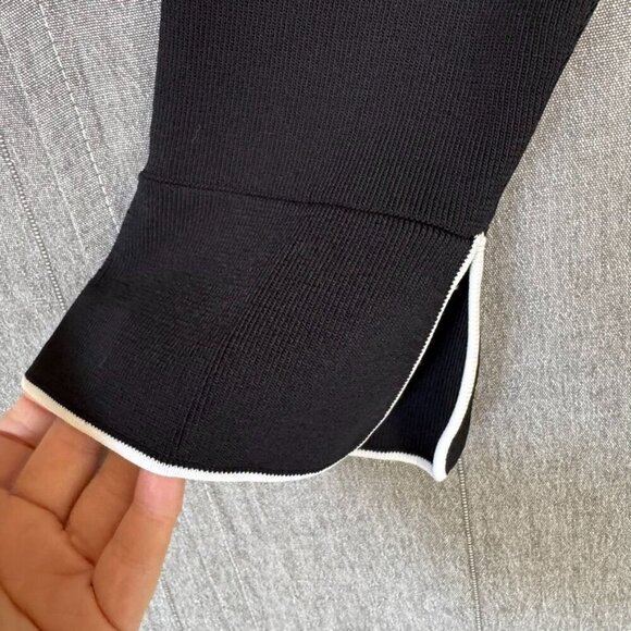 90s Vintage Max Studio Black Stretch Knit w/ White Piping Button Front Shirt - Picture 4 of 13